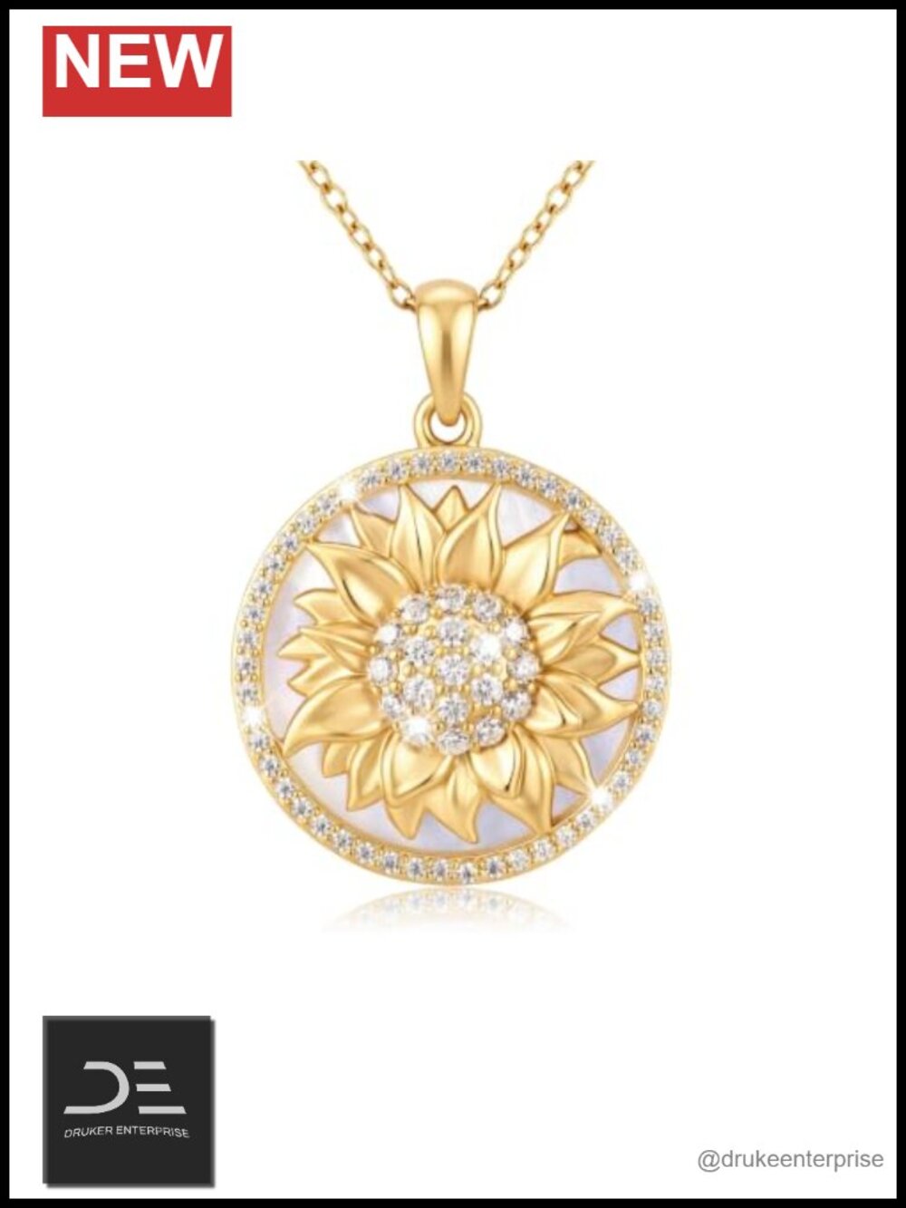 925 Sterling Silver Sunflower Pendant Necklace Women Clam Shell Floral Charm